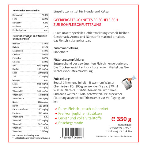 Hund Katze B.A.R.F. Hundefutter Easy Barf Rinderherzen 350g 1 Stück -3- Anifit
